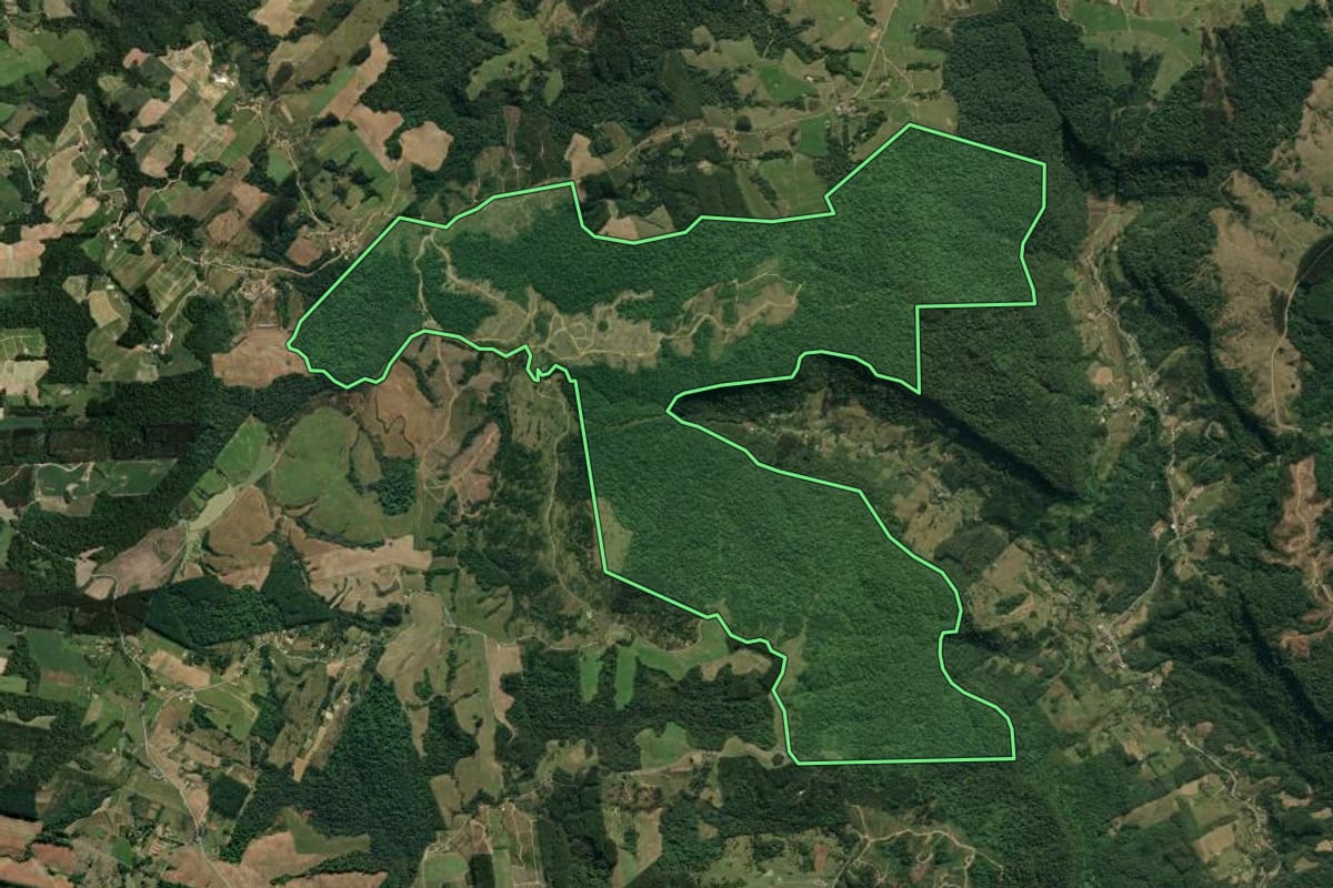 Imagem de satélite do imóvel rural em Rio do Sul (SC), com o contorno declarado no CAR desenhado por cima.