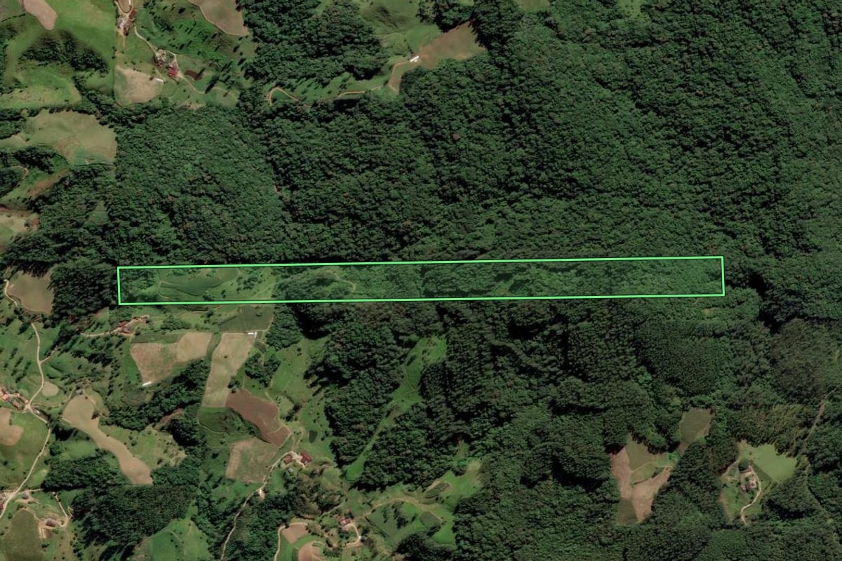 Imagem de satélite do imóvel rural em Rio Fortuna (SC), com o contorno declarado no CAR desenhado por cima.