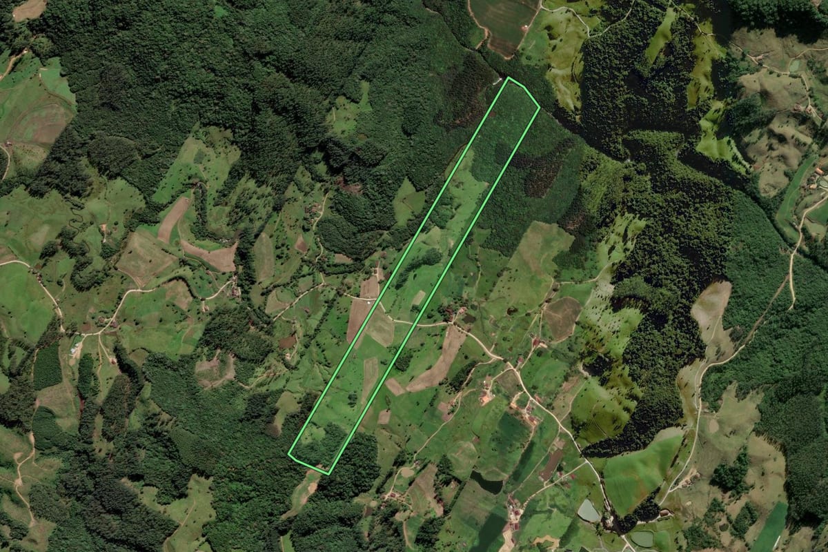 Imagem de satélite do imóvel rural em Rio Fortuna (SC), com o contorno declarado no CAR desenhado por cima.