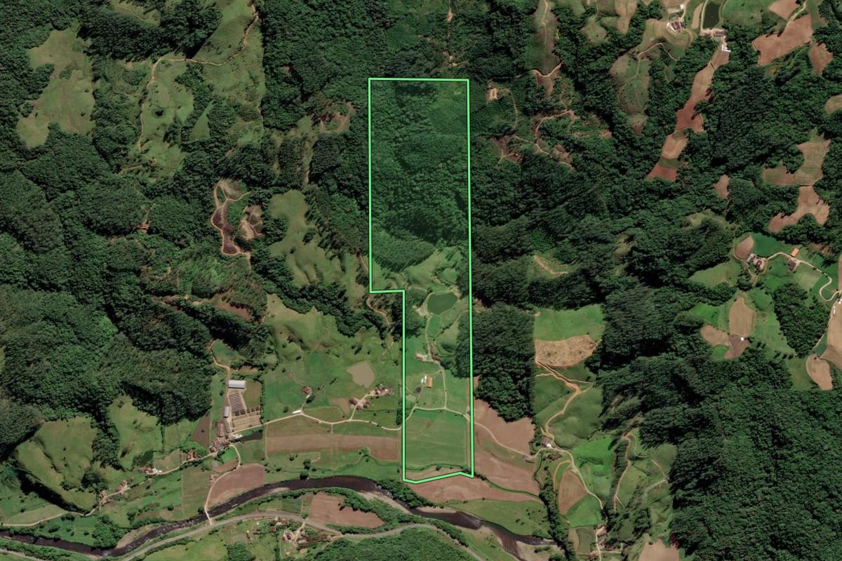 Imagem de satélite do imóvel rural em Rio Fortuna (SC), com o contorno declarado no CAR desenhado por cima.
