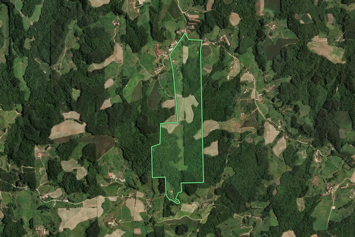 Imagem de satélite do imóvel rural em Rio Fortuna (SC), com o contorno declarado no CAR desenhado por cima.