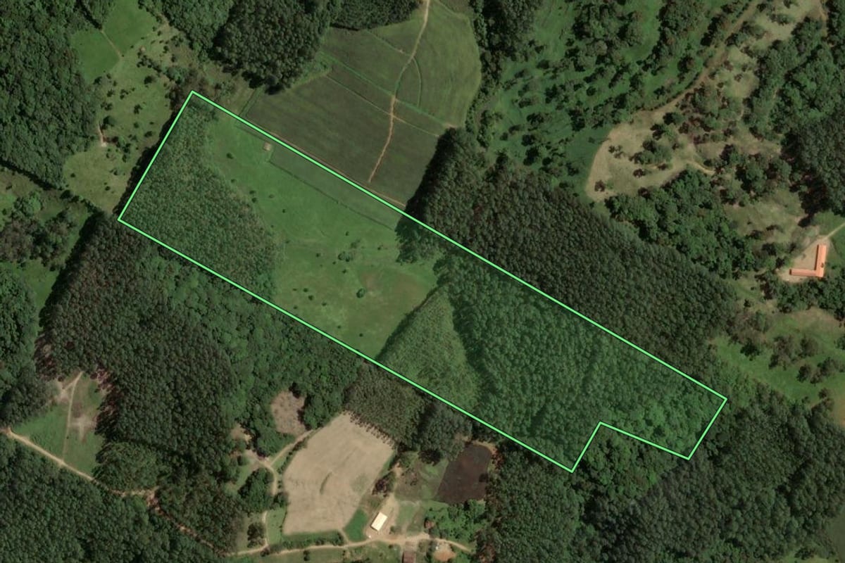 Imagem de satélite do imóvel rural em Rio Fortuna (SC), com o contorno declarado no CAR desenhado por cima.