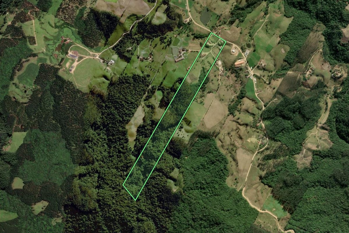 Imagem de satélite do imóvel rural em Rio Fortuna (SC), com o contorno declarado no CAR desenhado por cima.