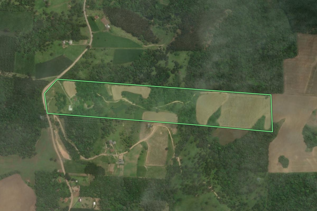 Imagem de satélite do imóvel rural em Rio Negrinho (SC), com o contorno declarado no CAR desenhado por cima.
