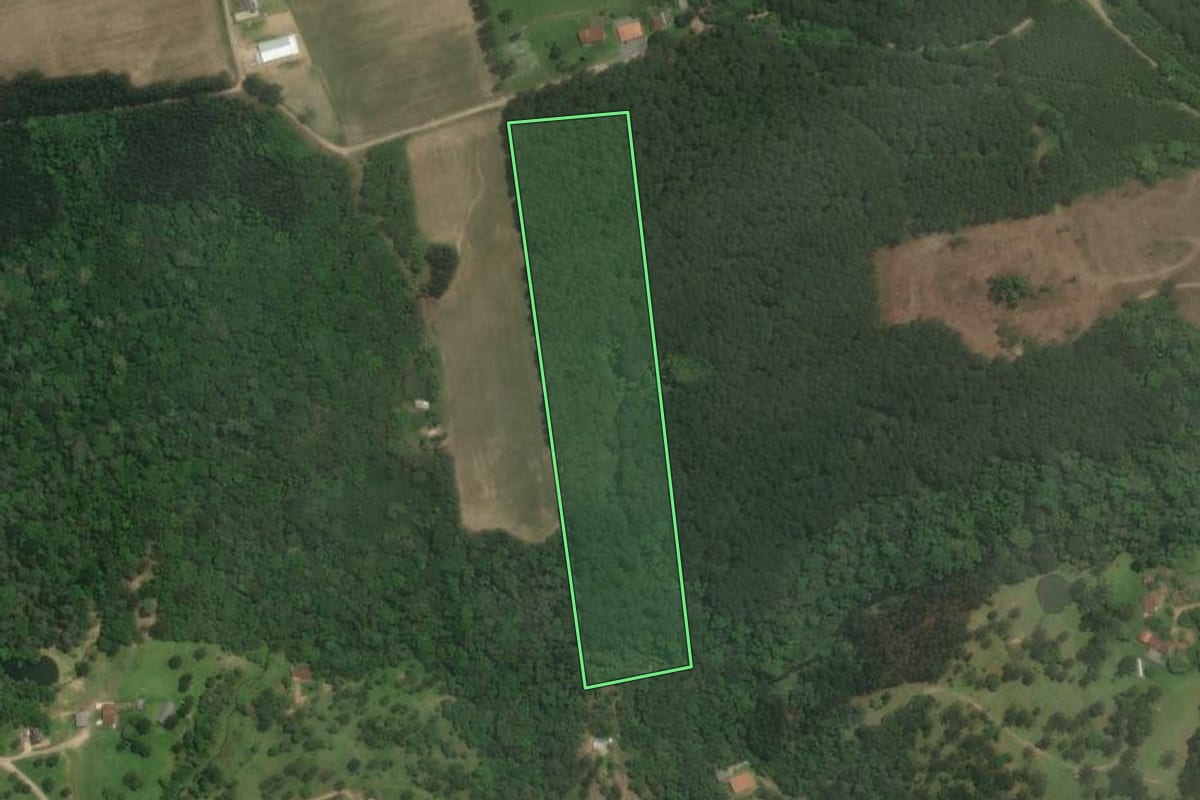 Imagem de satélite do imóvel rural em Rio Negrinho (SC), com o contorno declarado no CAR desenhado por cima.