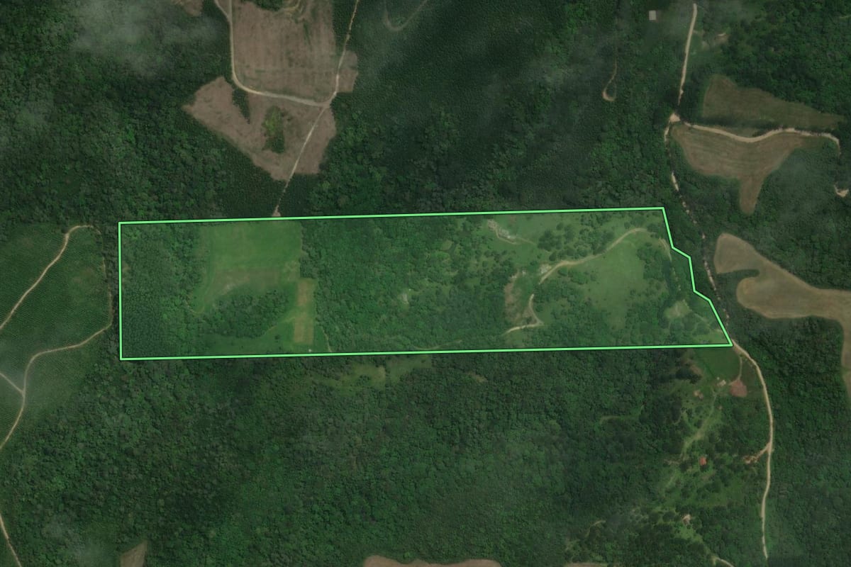 Imagem de satélite do imóvel rural em Rio Negrinho (SC), com o contorno declarado no CAR desenhado por cima.