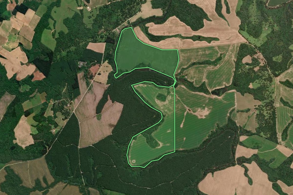 Imagem de satélite do imóvel rural em Rio Negrinho (SC), com o contorno declarado no CAR desenhado por cima.