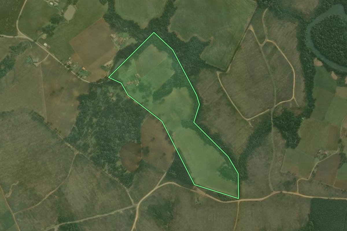 Imagem de satélite do imóvel rural em Rio Negrinho (SC), com o contorno declarado no CAR desenhado por cima.