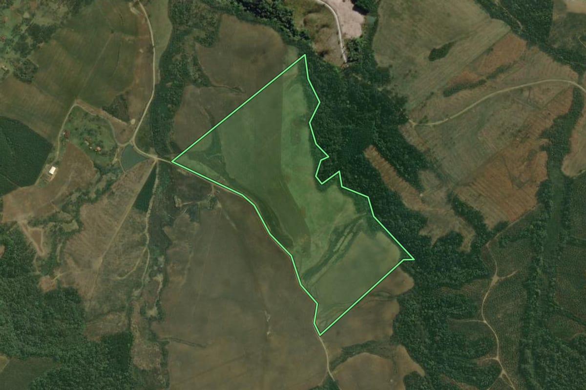 Imagem de satélite do imóvel rural em Rio Negrinho (SC), com o contorno declarado no CAR desenhado por cima.