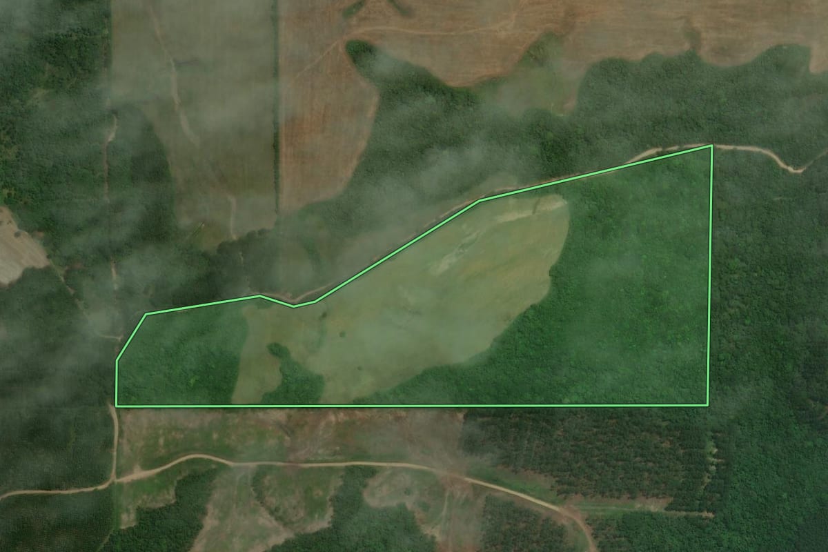 Imagem de satélite do imóvel rural em Rio Negrinho (SC), com o contorno declarado no CAR desenhado por cima.