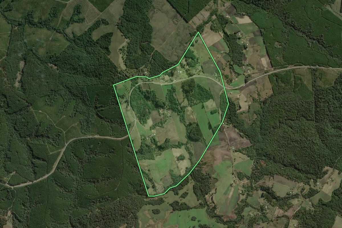 Imagem de satélite do imóvel rural em Rio Negrinho (SC), com o contorno declarado no CAR desenhado por cima.