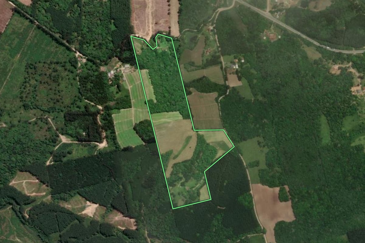 Imagem de satélite do imóvel rural em Rio Negrinho (SC), com o contorno declarado no CAR desenhado por cima.
