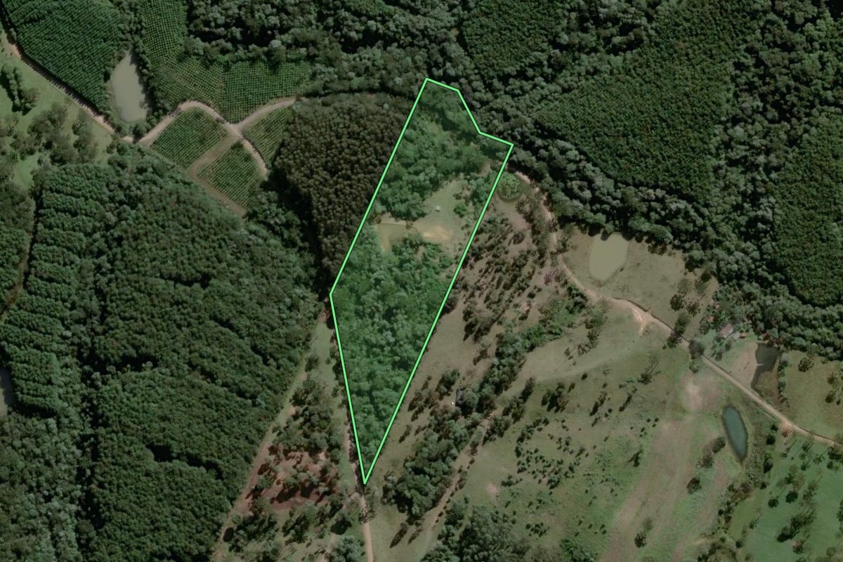 Imagem de satélite do imóvel rural em Rio Negrinho (SC), com o contorno declarado no CAR desenhado por cima.
