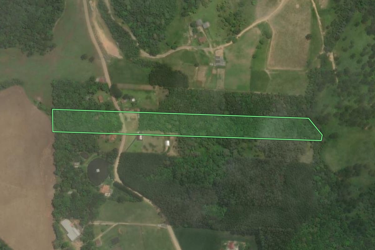 Imagem de satélite do imóvel rural em Rio Negrinho (SC), com o contorno declarado no CAR desenhado por cima.