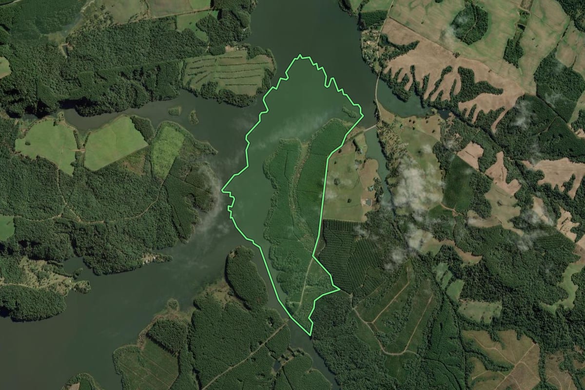 Imagem de satélite do imóvel rural em Rio Negrinho (SC), com o contorno declarado no CAR desenhado por cima.