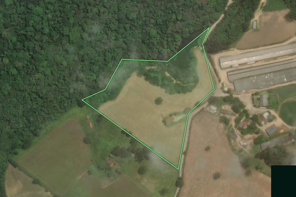 Imagem de satélite do imóvel rural em Rio Negrinho (SC), com o contorno declarado no CAR desenhado por cima.