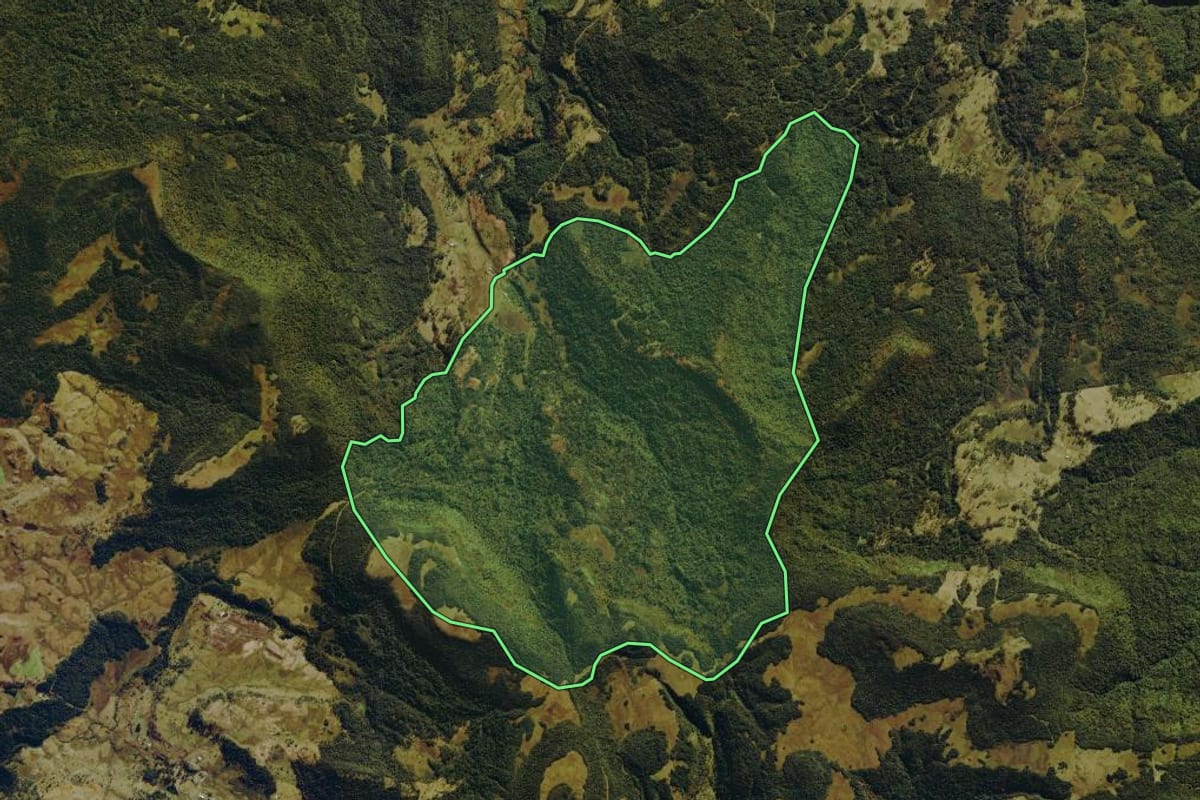 Imagem de satélite do imóvel rural em Rio Rufino (SC), com o contorno declarado no CAR desenhado por cima.