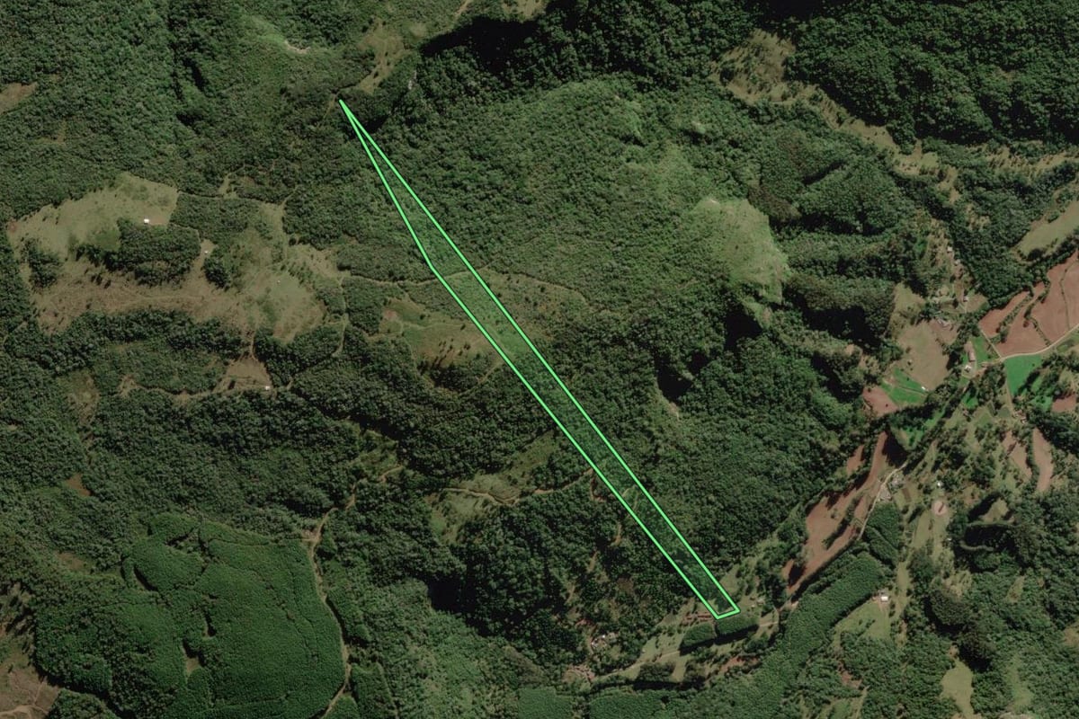 Imagem de satélite do imóvel rural em Rio Rufino (SC), com o contorno declarado no CAR desenhado por cima.