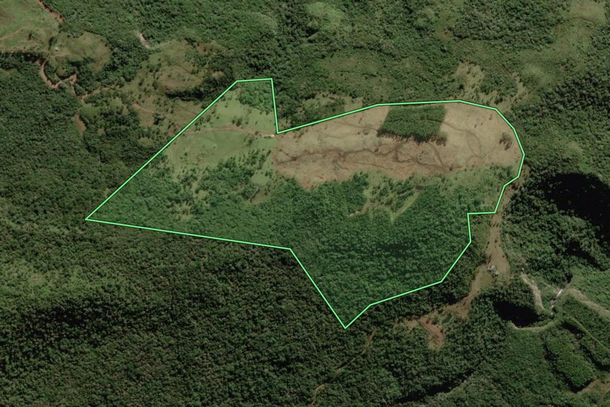 Imagem de satélite do imóvel rural em Rio Rufino (SC), com o contorno declarado no CAR desenhado por cima.
