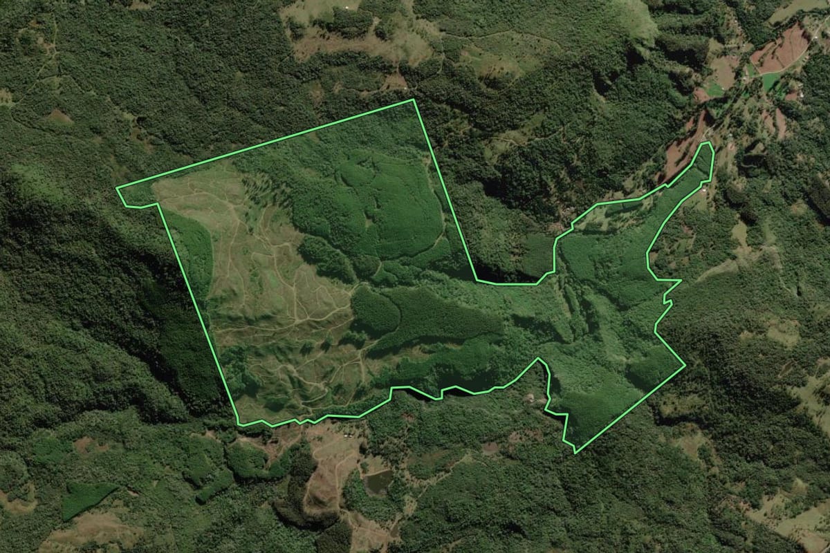 Imagem de satélite do imóvel rural em Rio Rufino (SC), com o contorno declarado no CAR desenhado por cima.