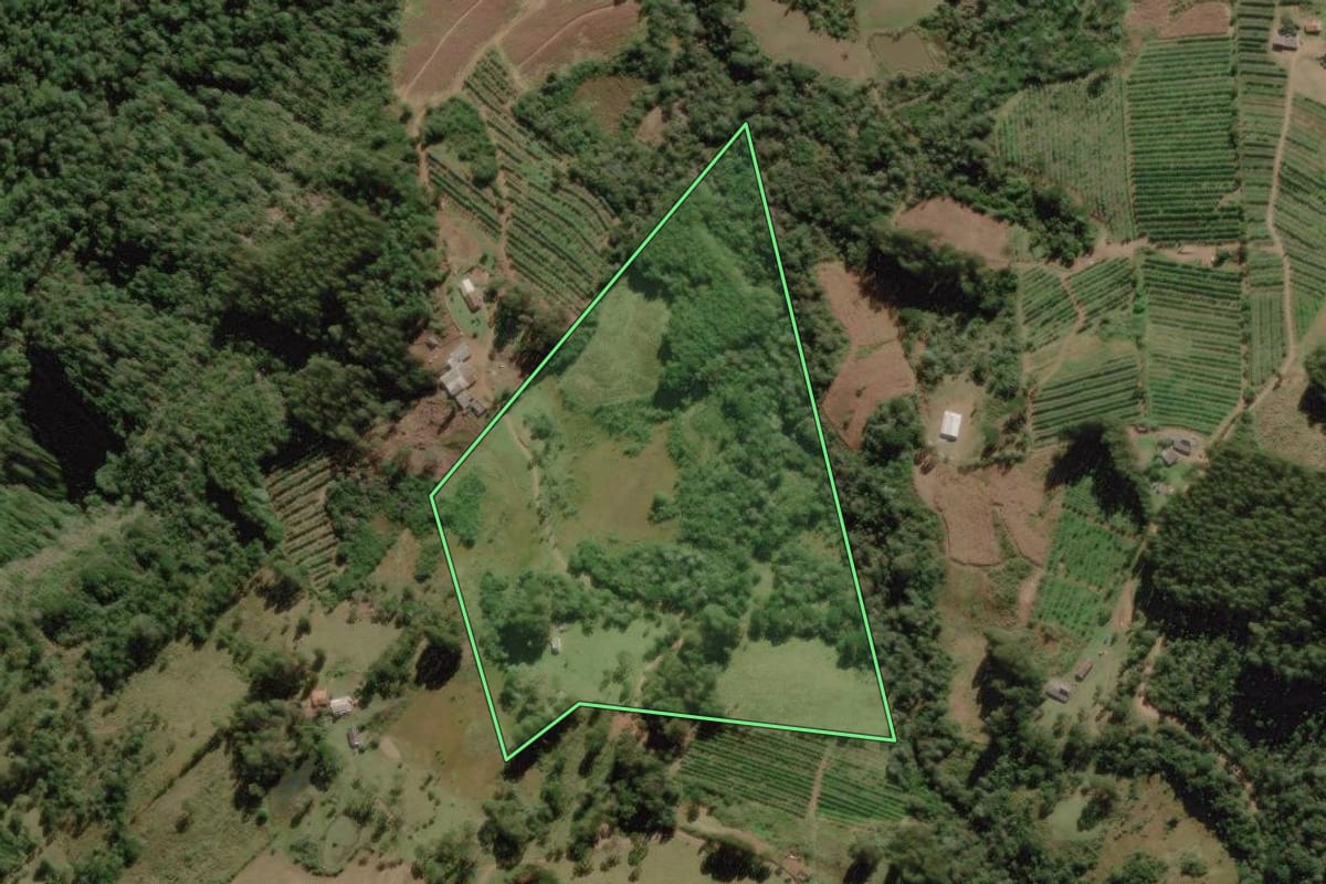 Imagem de satélite do imóvel rural em Rio Rufino (SC), com o contorno declarado no CAR desenhado por cima.