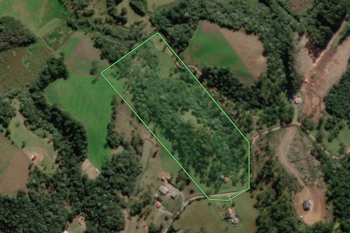 Imagem de satélite do imóvel rural em Rio Rufino (SC), com o contorno declarado no CAR desenhado por cima.