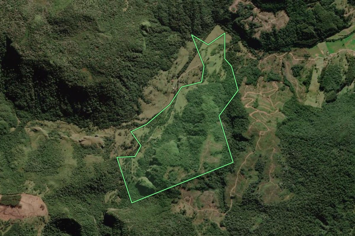 Imagem de satélite do imóvel rural em Rio Rufino (SC), com o contorno declarado no CAR desenhado por cima.