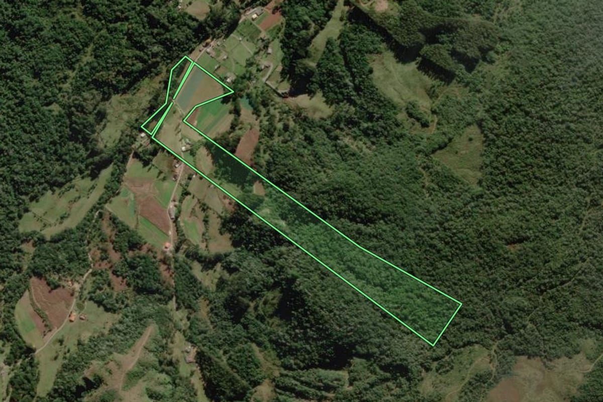 Imagem de satélite do imóvel rural em Rio Rufino (SC), com o contorno declarado no CAR desenhado por cima.