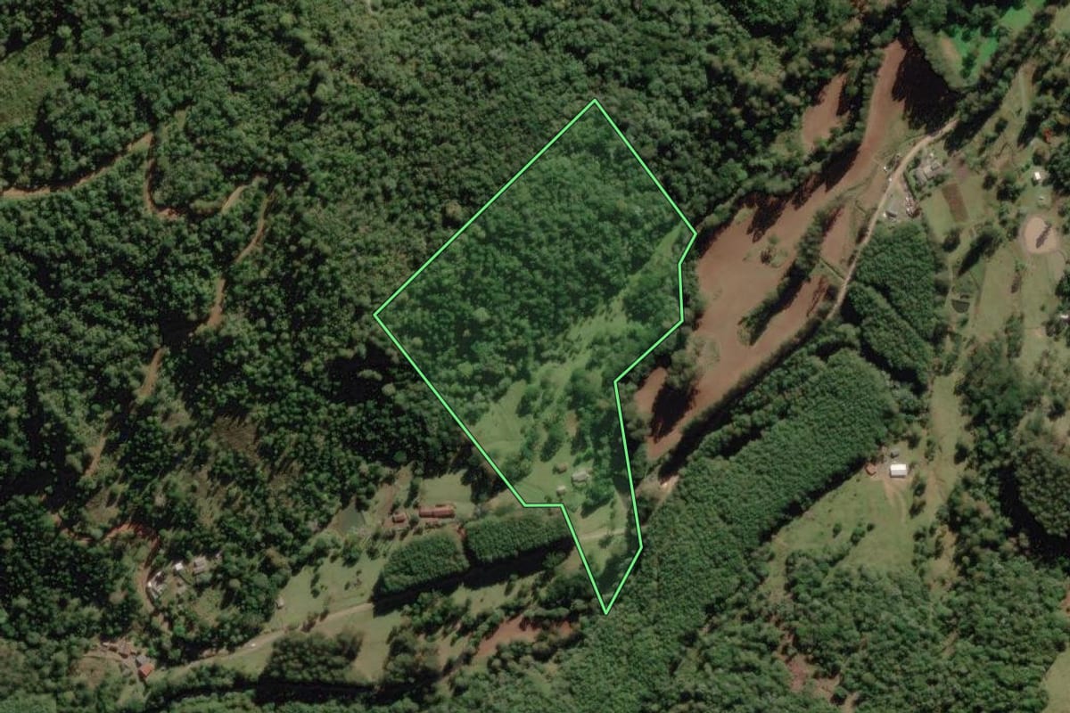 Imagem de satélite do imóvel rural em Rio Rufino (SC), com o contorno declarado no CAR desenhado por cima.