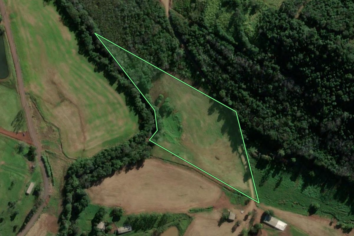Imagem de satélite do imóvel rural em Riqueza (SC), com o contorno declarado no CAR desenhado por cima.