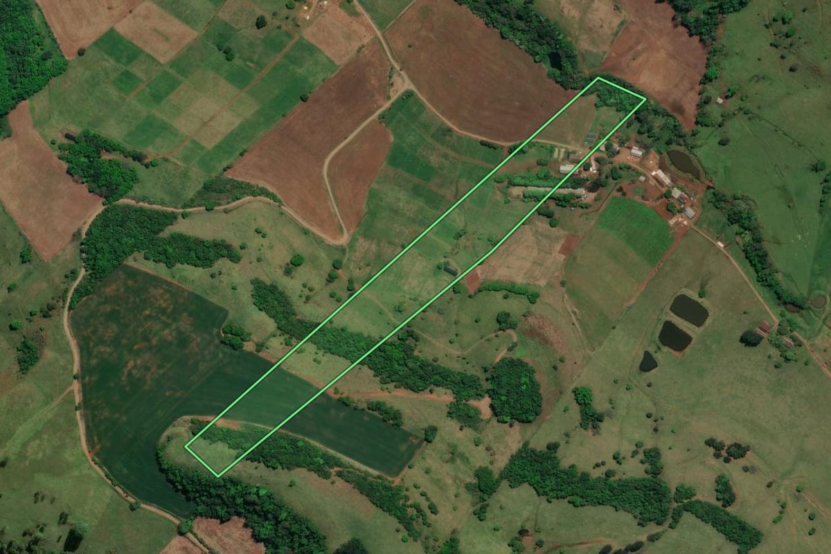 Imagem de satélite do imóvel rural em Riqueza (SC), com o contorno declarado no CAR desenhado por cima.