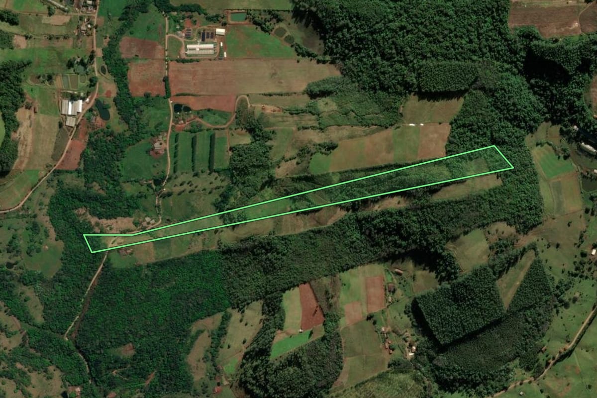 Imagem de satélite do imóvel rural em Riqueza (SC), com o contorno declarado no CAR desenhado por cima.