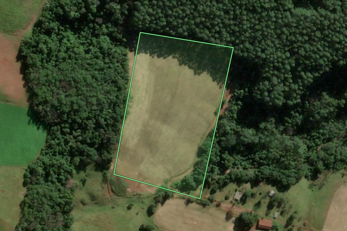 Imagem de satélite do imóvel rural em Riqueza (SC), com o contorno declarado no CAR desenhado por cima.