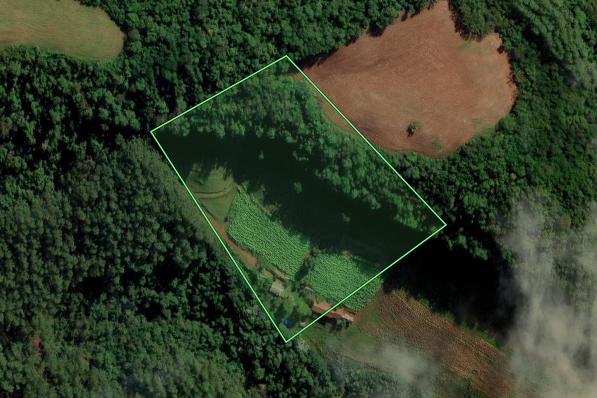Imagem de satélite do imóvel rural em Riqueza (SC), com o contorno declarado no CAR desenhado por cima.