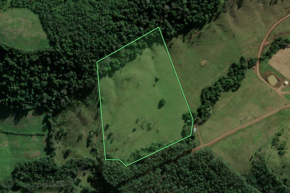 Imagem de satélite do imóvel rural em Riqueza (SC), com o contorno declarado no CAR desenhado por cima.