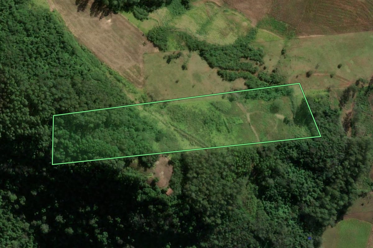 Imagem de satélite do imóvel rural em Riqueza (SC), com o contorno declarado no CAR desenhado por cima.