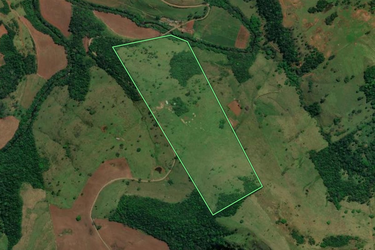 Imagem de satélite do imóvel rural em Riqueza (SC), com o contorno declarado no CAR desenhado por cima.