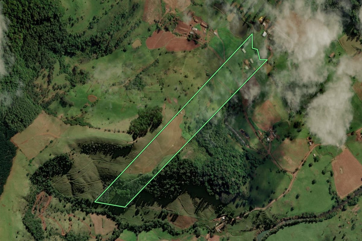 Imagem de satélite do imóvel rural em Riqueza (SC), com o contorno declarado no CAR desenhado por cima.