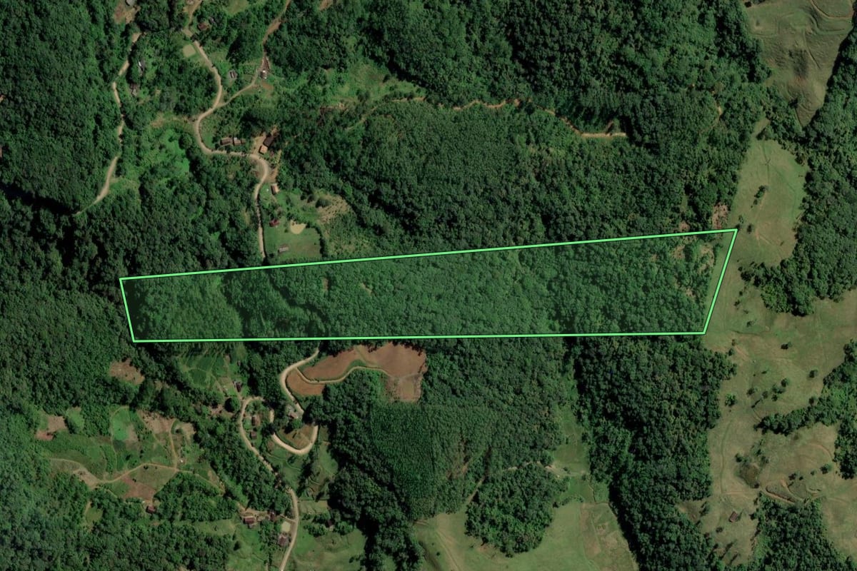 Imagem de satélite do imóvel rural em Rodeio (SC), com o contorno declarado no CAR desenhado por cima.