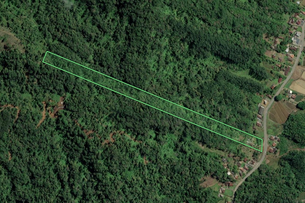 Imagem de satélite do imóvel rural em Rodeio (SC), com o contorno declarado no CAR desenhado por cima.
