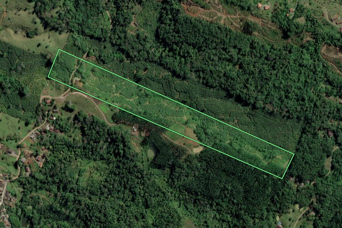 Imagem de satélite do imóvel rural em Rodeio (SC), com o contorno declarado no CAR desenhado por cima.
