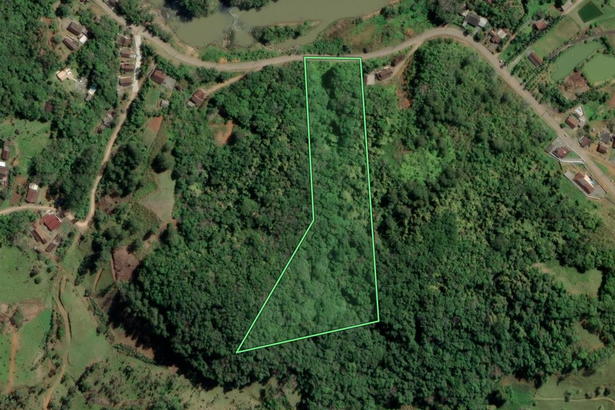 Imagem de satélite do imóvel rural em Rodeio (SC), com o contorno declarado no CAR desenhado por cima.