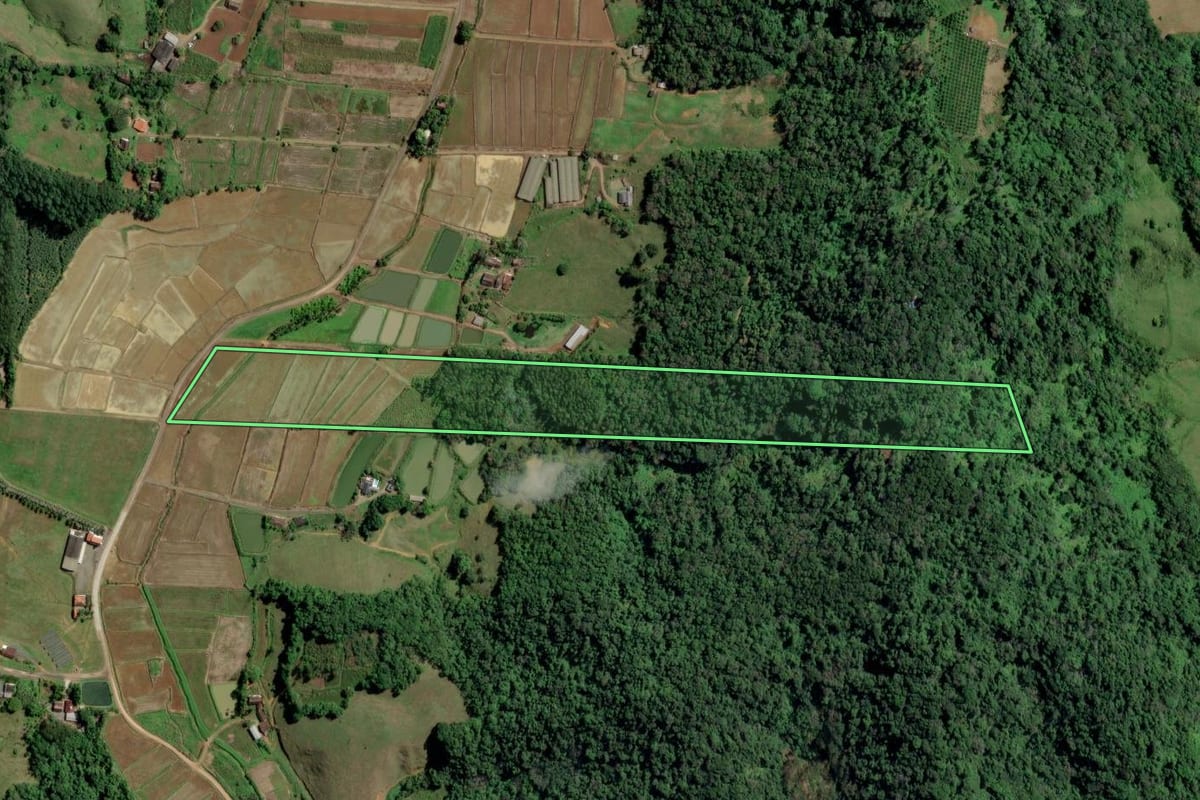 Imagem de satélite do imóvel rural em Rodeio (SC), com o contorno declarado no CAR desenhado por cima.