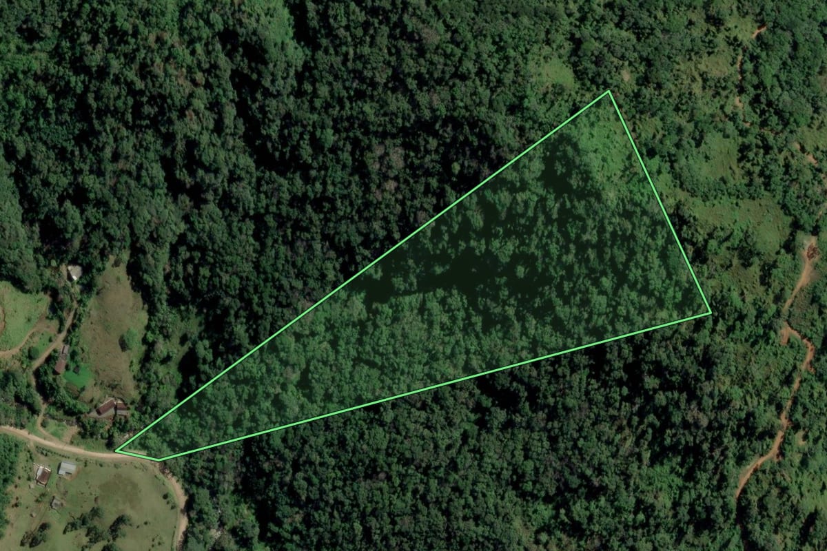 Imagem de satélite do imóvel rural em Rodeio (SC), com o contorno declarado no CAR desenhado por cima.