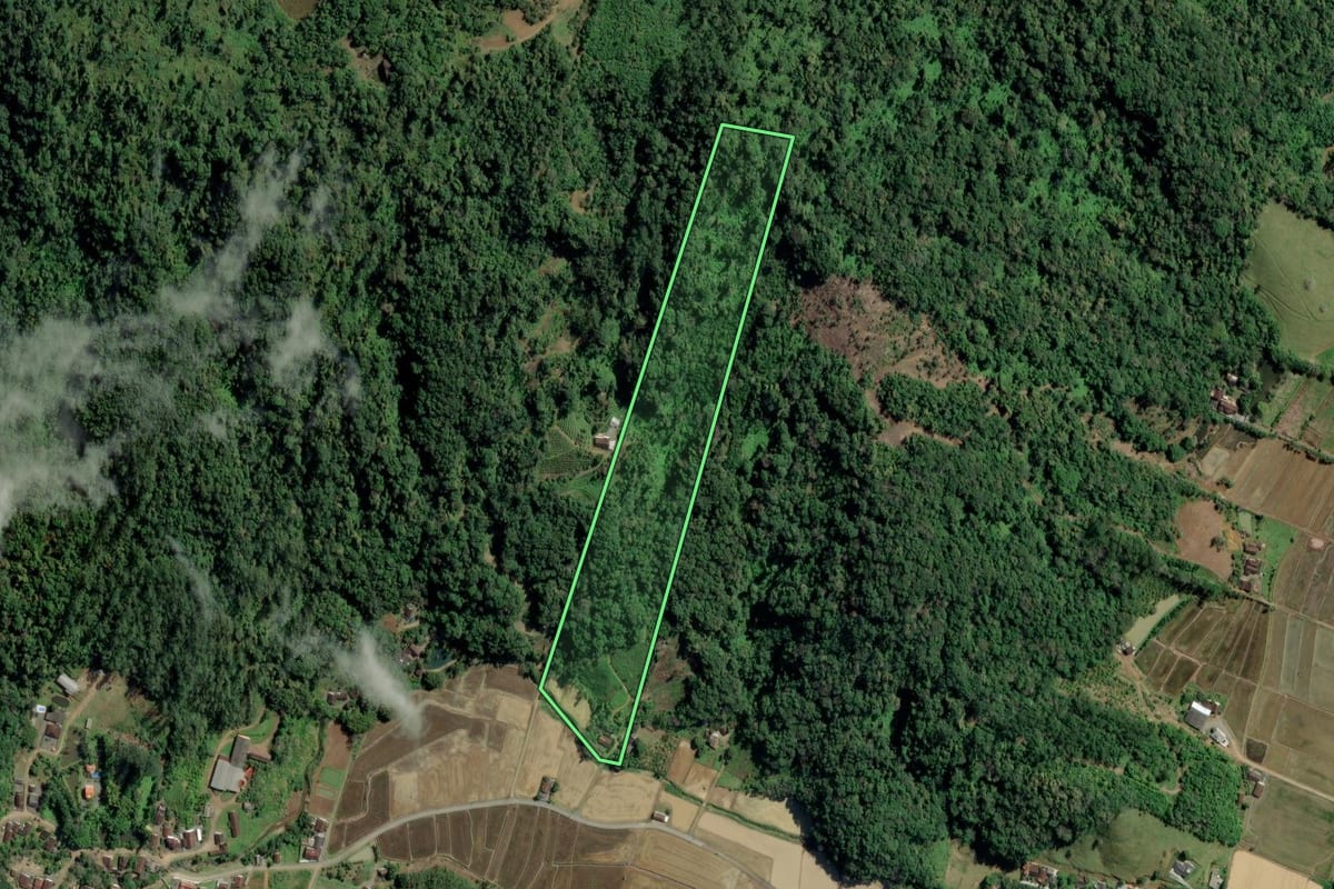Imagem de satélite do imóvel rural em Rodeio (SC), com o contorno declarado no CAR desenhado por cima.