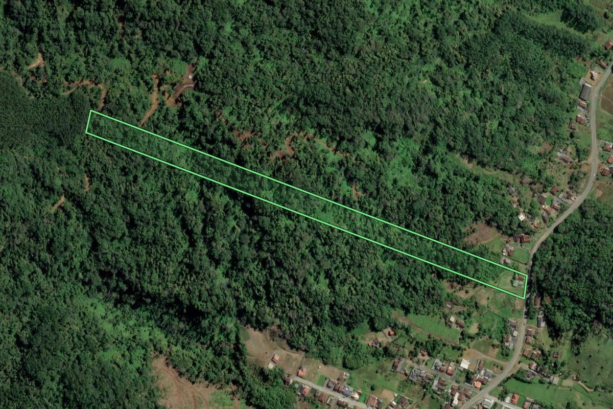Imagem de satélite do imóvel rural em Rodeio (SC), com o contorno declarado no CAR desenhado por cima.