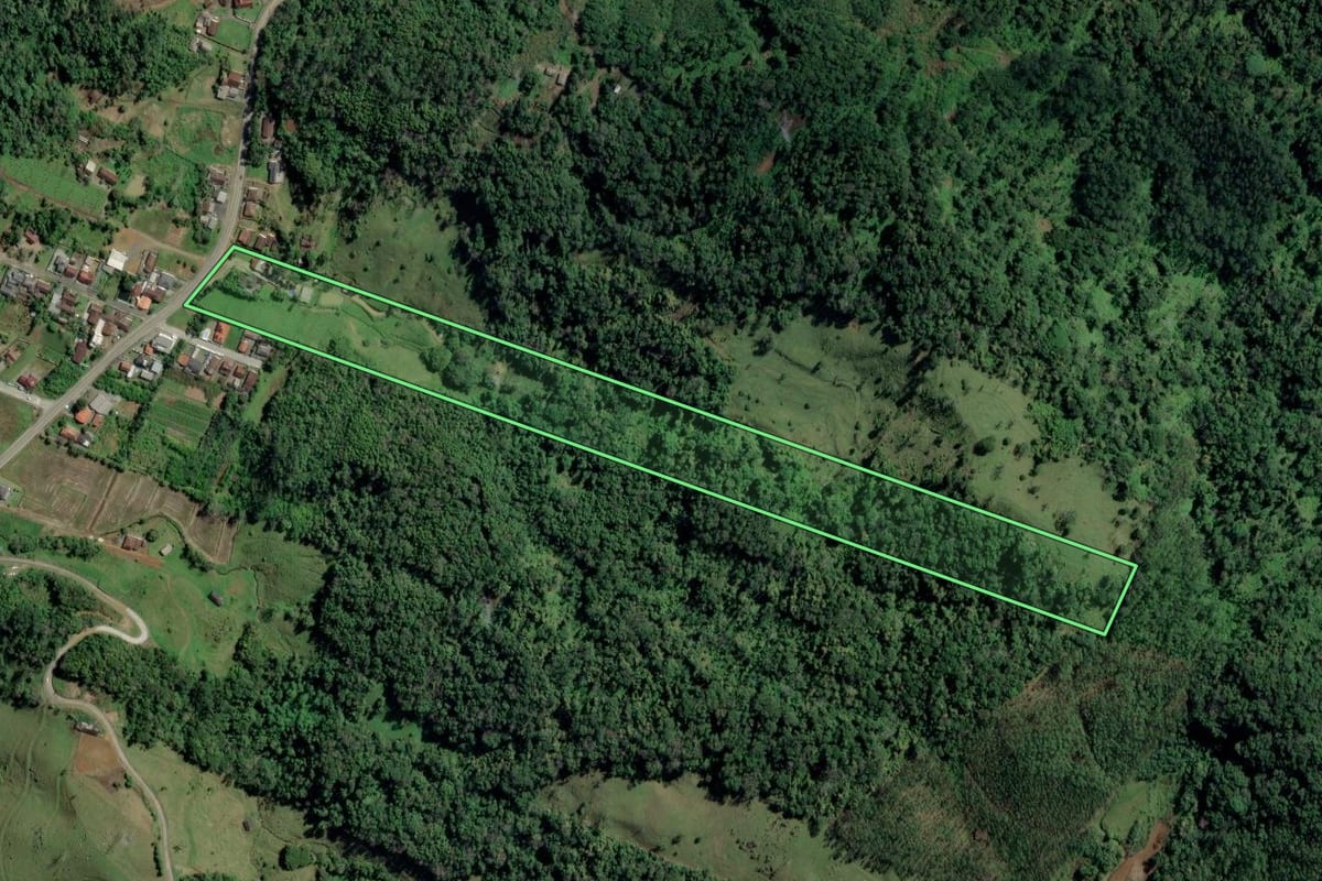 Imagem de satélite do imóvel rural em Rodeio (SC), com o contorno declarado no CAR desenhado por cima.