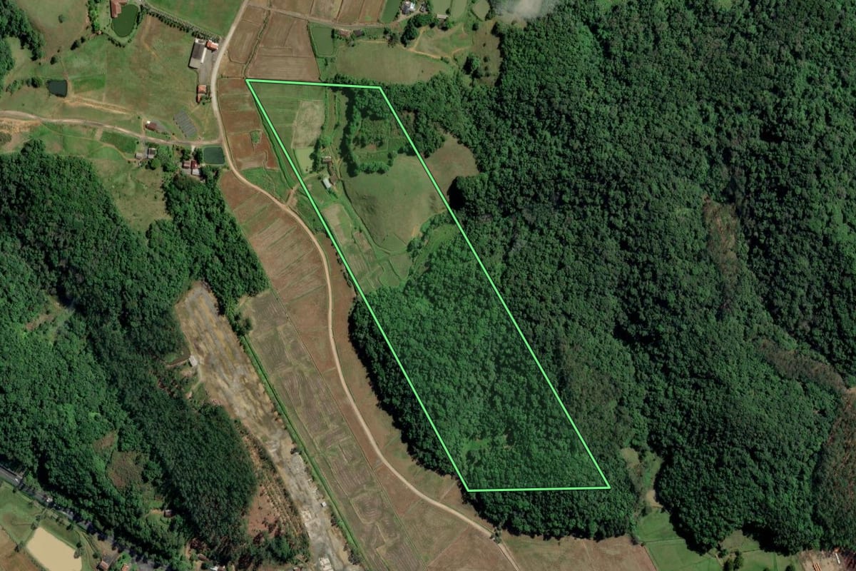 Imagem de satélite do imóvel rural em Rodeio (SC), com o contorno declarado no CAR desenhado por cima.