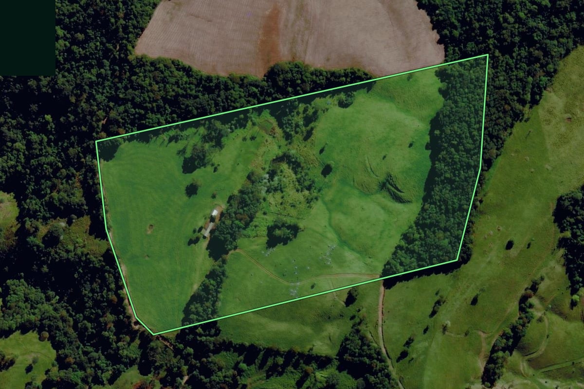 Imagem de satélite do imóvel rural em Romelândia (SC), com o contorno declarado no CAR desenhado por cima.