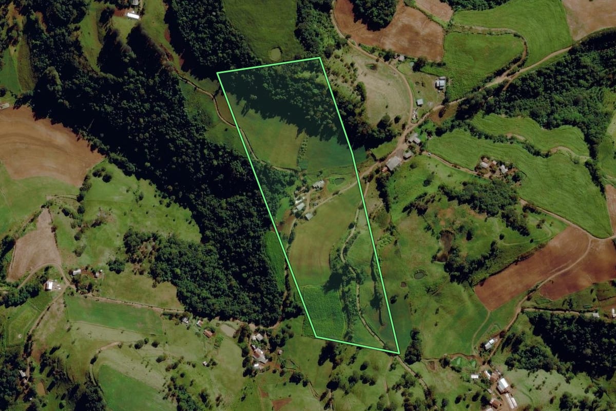 Imagem de satélite do imóvel rural em Romelândia (SC), com o contorno declarado no CAR desenhado por cima.